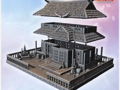 Large Japanese house with symmetrical tiled roof wooden pillars  3D print model