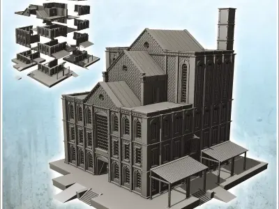 Large multi-storey brick factory on platforms with canopies and  3D print model