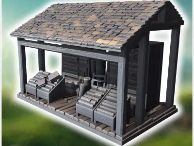 Small wooden shack with crates containing rolled parchment scrol 3D print model