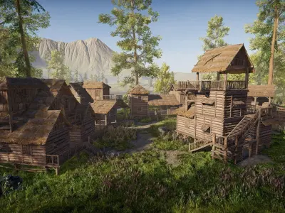 Modular Log Cabins Low-poly 3D model
