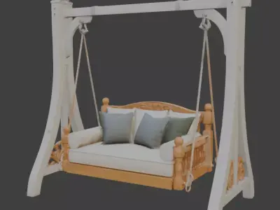 Carved Wooden Hanging Swing with Cushions 3D model