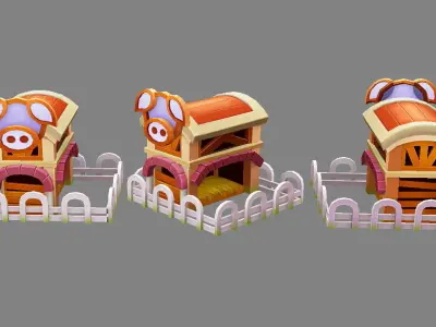 Cartoon farm buildings - cow shed - pigsty - sheep pen Low-poly 3D model
