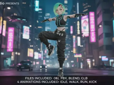 Anime-Style Sci-Fi Female Character with Animations Low-poly 3D model