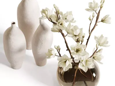 White Magnolia in Glass Vase 3D model
