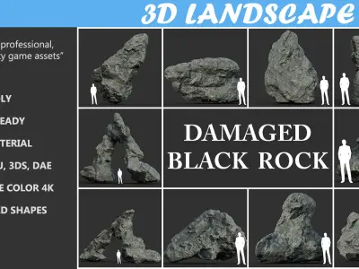 Low poly Damaged Black Rock A2 Low-poly 3D model