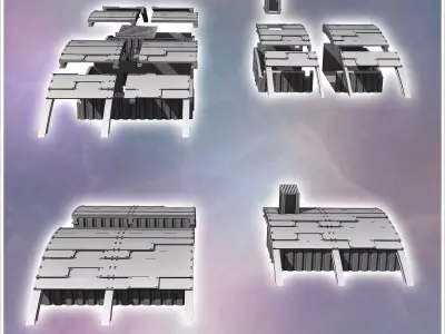 Set of three futuristic oval-roofed barracks with large metal be 3D print model