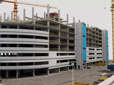 Construction Site with Building and Construction Vehicles low Low-poly 3D model