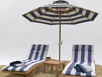 Beach umbrella and chaise longue 3D model