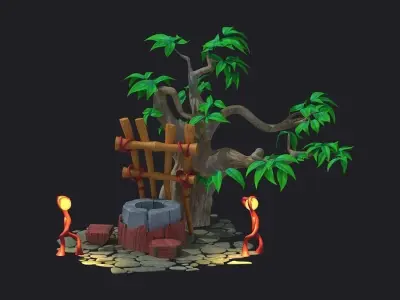 Cartoon well  stone well  water vine tree fence 3D model