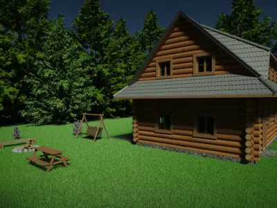 Log house in forest with enviroment and interior 3D model