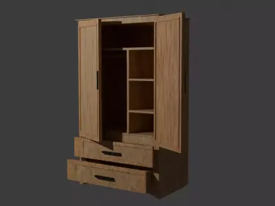 Realistic Wooden Wardrobe 3D Model Openable Doors and Drawers Low-poly 3D model