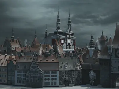 Old European Town Winter Low-poly 3D model