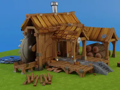 Low poly lumbermill wooden house Low-poly 3D model
