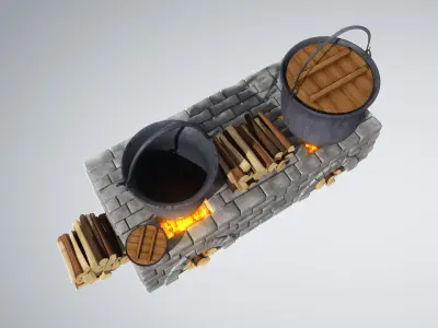 Fireplace Area with Pots and woods 3D model