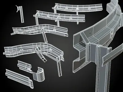 Modular - Rusty road safety barrier Kit - 3D VR  AR  game ready  Low-poly 3D model