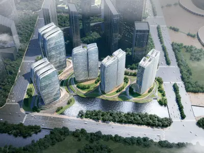 Sunset Waterfront Skyline with Modern Glass Towers 3D model