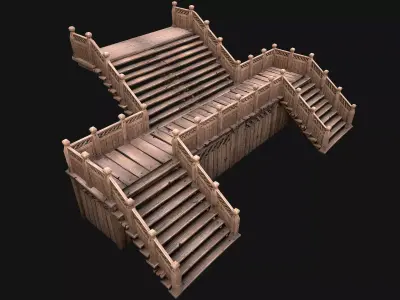 Medieval Wooden Steps Flight of Stairs Low-poly 3D model