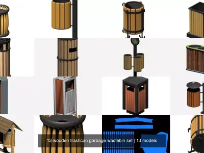 13 pieces wooden trashcan garbage wastebin set 3D Model Pack