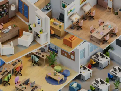 Ultimate Low Poly Office Pack with 5 Stylized Isometric Rooms Low-poly 3D model