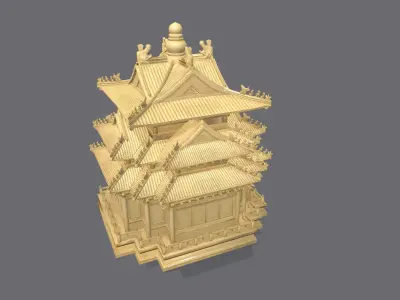 Ancient octagonal building bone carving Low-poly 3D model