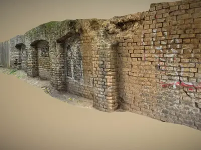 Scanned photorealistic brick and wood crumbling wall  Low-poly 3D model