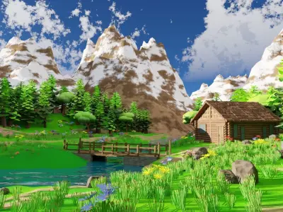 House Near Mountain Scene 3D model