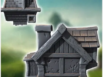 Medieval house with chimney in roof and annex with side window 1 3D print model