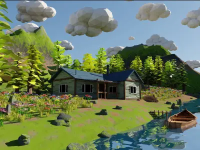 Mountain House River Scene 3D model