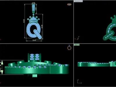 Crown Initial  Q  Letter Pendant 3D print model