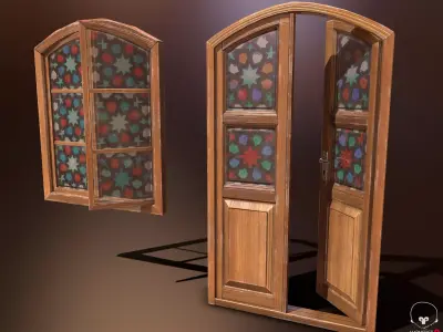Old Wooden Door and Window Low poly PBR  Low-poly 3D model