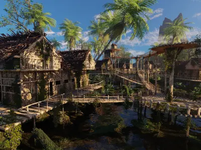 Riverside Village Scene 3D model