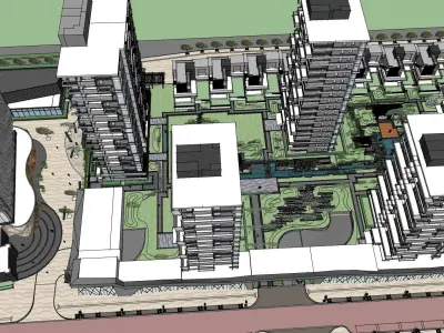 glass residential tower with landscape and highrise 3D model