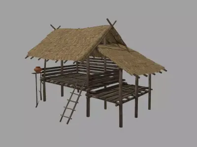 Hut in the rice field Low-poly 3D model