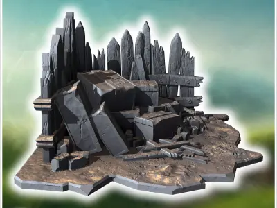 Pile of broken crates wooden planks and debris against a fortifi 3D print model