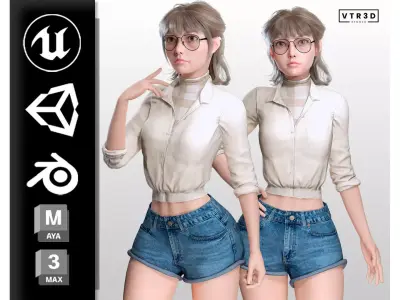 Stylized Female Character Cartoon  with Glasses Low-poly 3D model