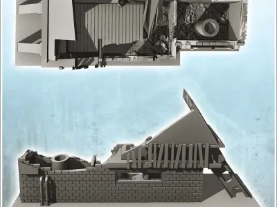 Two-storey brick factory with chimney and steel beam destroyed v 3D print model
