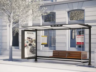 Bus stop with wooden bench 3D model