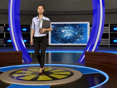 Virtual set tv studio with lights and woman 3D model