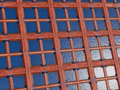 Stylized Wooden Window Frame with Blue Glass PBR Seamless Texture