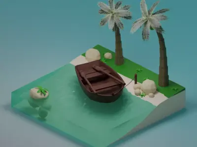Tropical island with boat 3D model