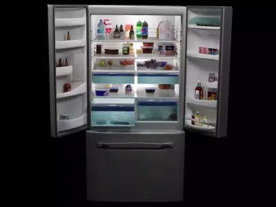 A modern three door refrigerator full of food  3D model