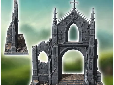 Ancient gothic arch with detailed carvings and two spiky archite 3D print model