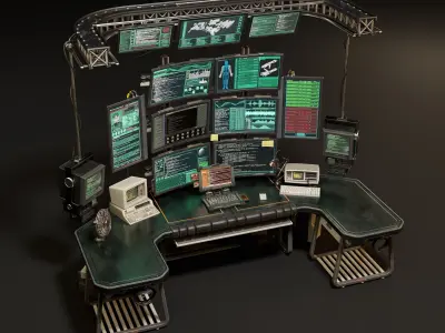 Sci-Fi Hacker Desk Setup Scene  Low-poly 3D model