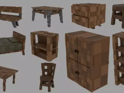 Low Poly Stylized Furniture Pack Game Ready Low-poly 3D model