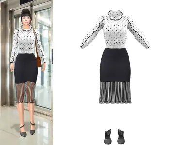Frill Edge Retro Top Pencil Skirt Shoes Outfit Low-poly 3D model
