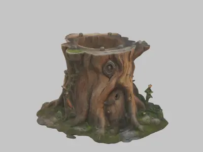Stylized Tree Stump with Wooden Door Low-poly 3D model