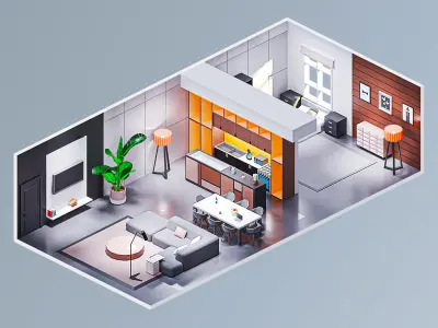 Room 2 modern living Low-poly 3D model