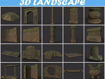 Low poly Ancient Dragon Temple Element Pack - Terracotta Low-poly 3D model