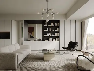 Modern living room dining room kitchen bedroom scene 3D model