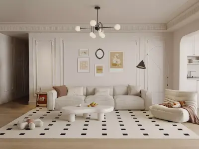 Cozy Cream Living Lounge with Soft Modular Sofa 3D model